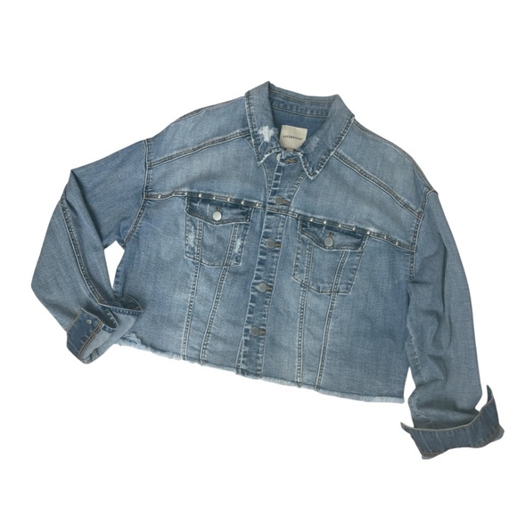 Liverpool Faded Blue Distressed Wide Long Sleeve Crop Denim Jean Jacket Medium - Picture 7 of 15